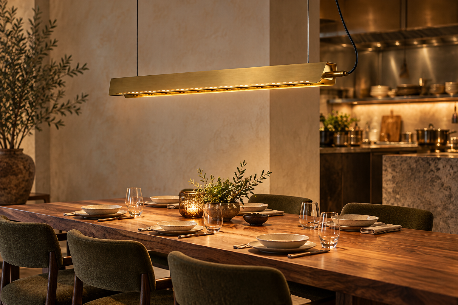 Brass linear pendant above a long walnut chef's table set with ceramic dishes and olive chairs.