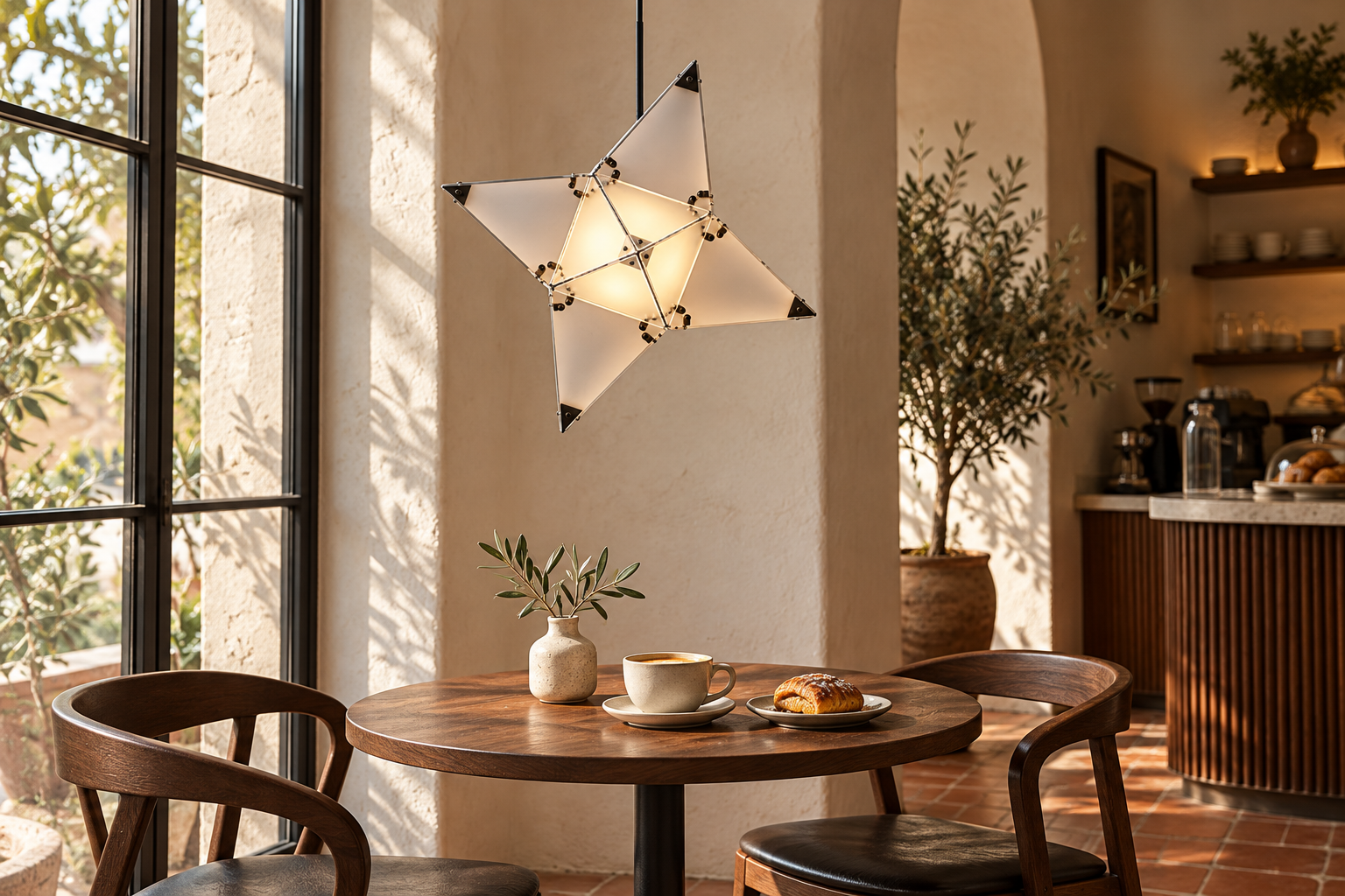 Five-point Nyota Star Pendant above a round walnut table in a sunlit cafe with terracotta flooring.