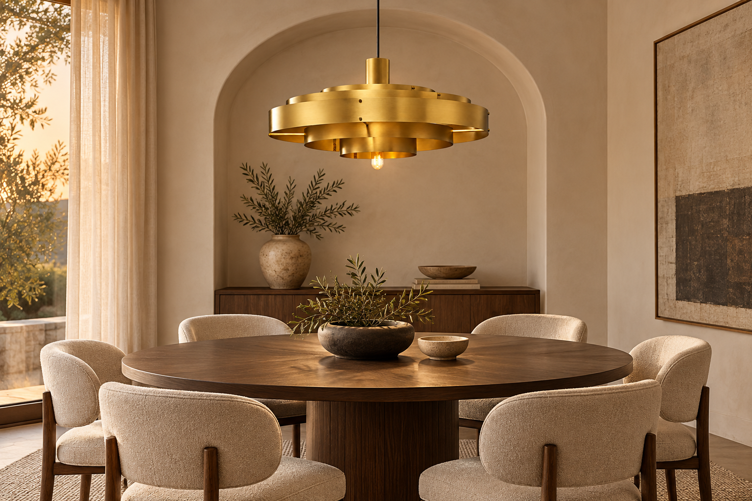 Layered brass ring pendant over a round six-seat table in a warm private dining room.