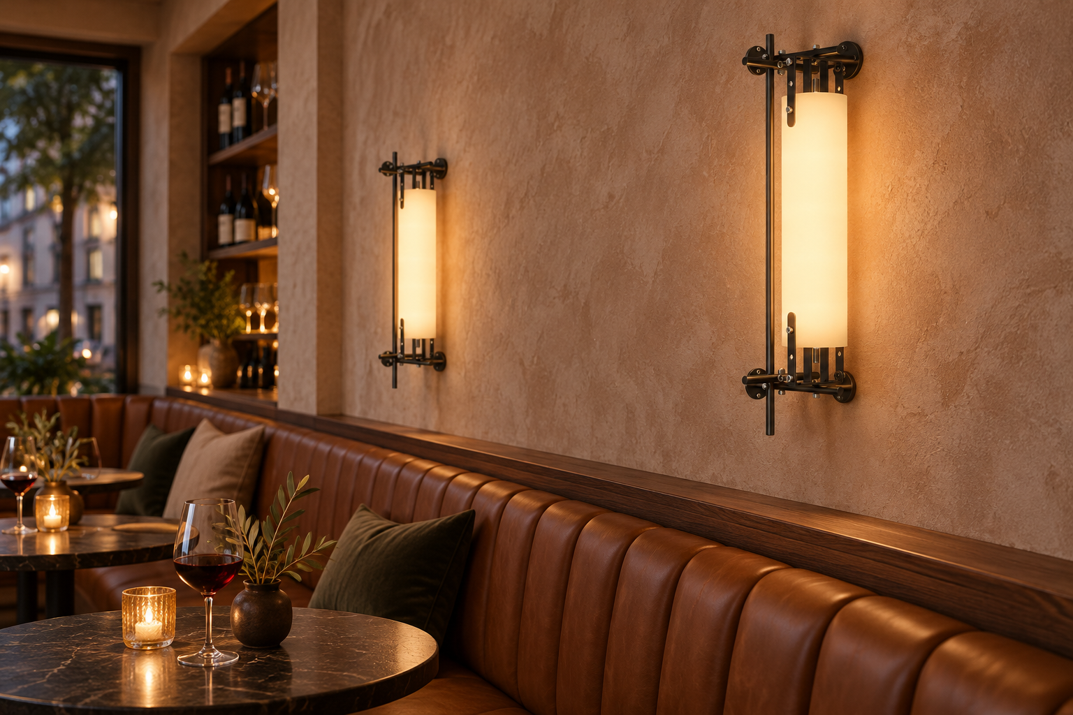 Two warm Light Tube Wall Lamps above a leather banquette and small tables in a neighborhood wine bar.