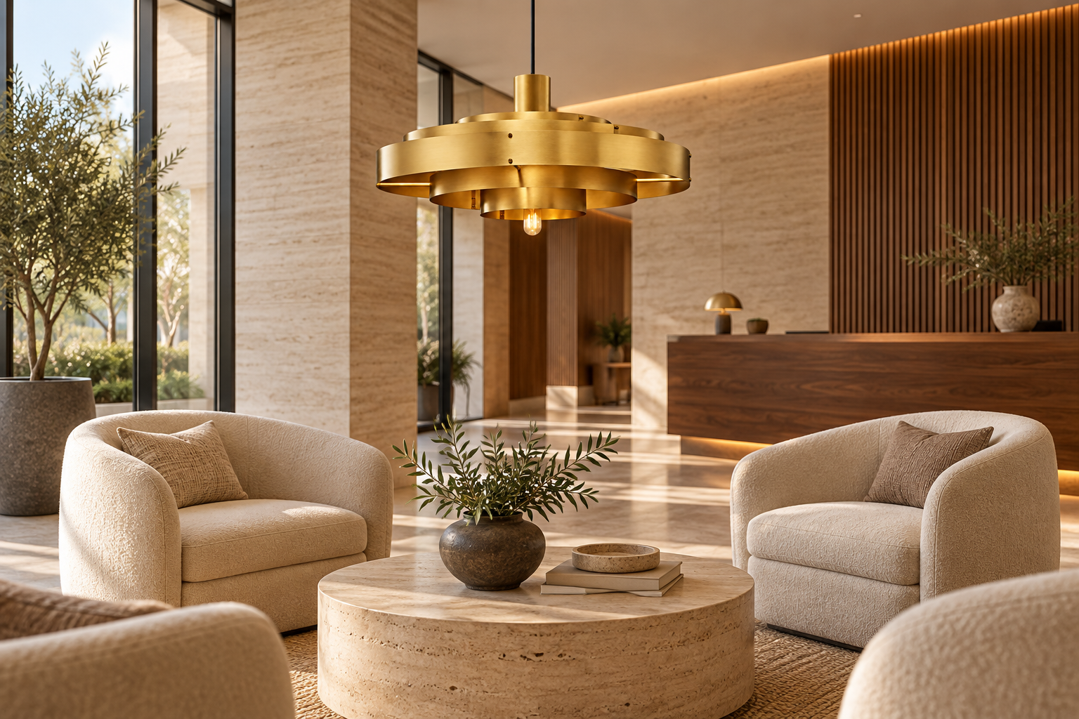 Brass ring pendant above a hotel lounge table with ivory seating and a walnut reception background.