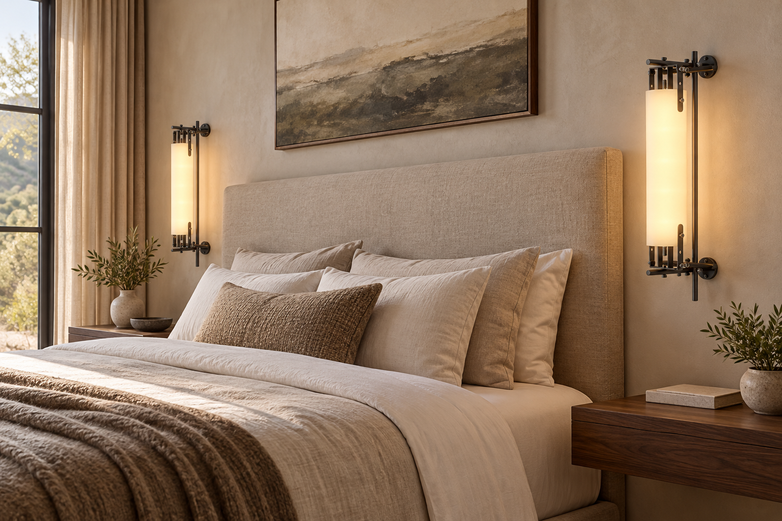 Two vertical Light Tube Wall Lamps framing a linen headboard in a warm contemporary hotel suite.