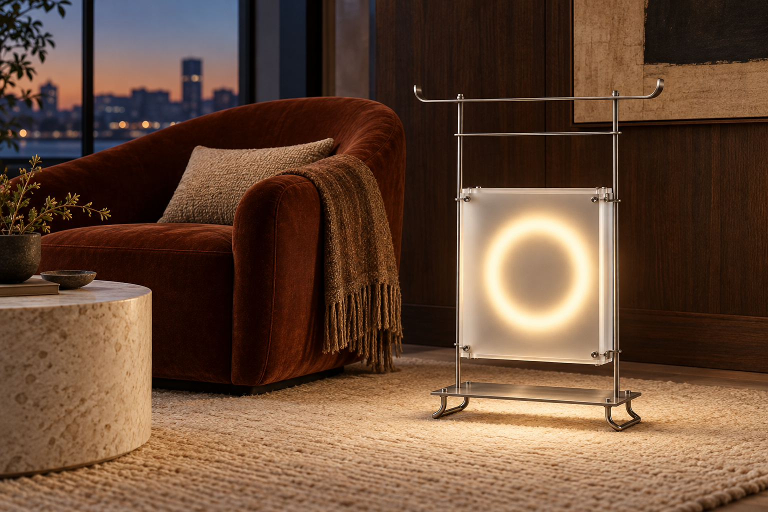 Glowing Carry Box Jelly floor lamp beside a rust velvet chair in a dark oak hospitality salon.