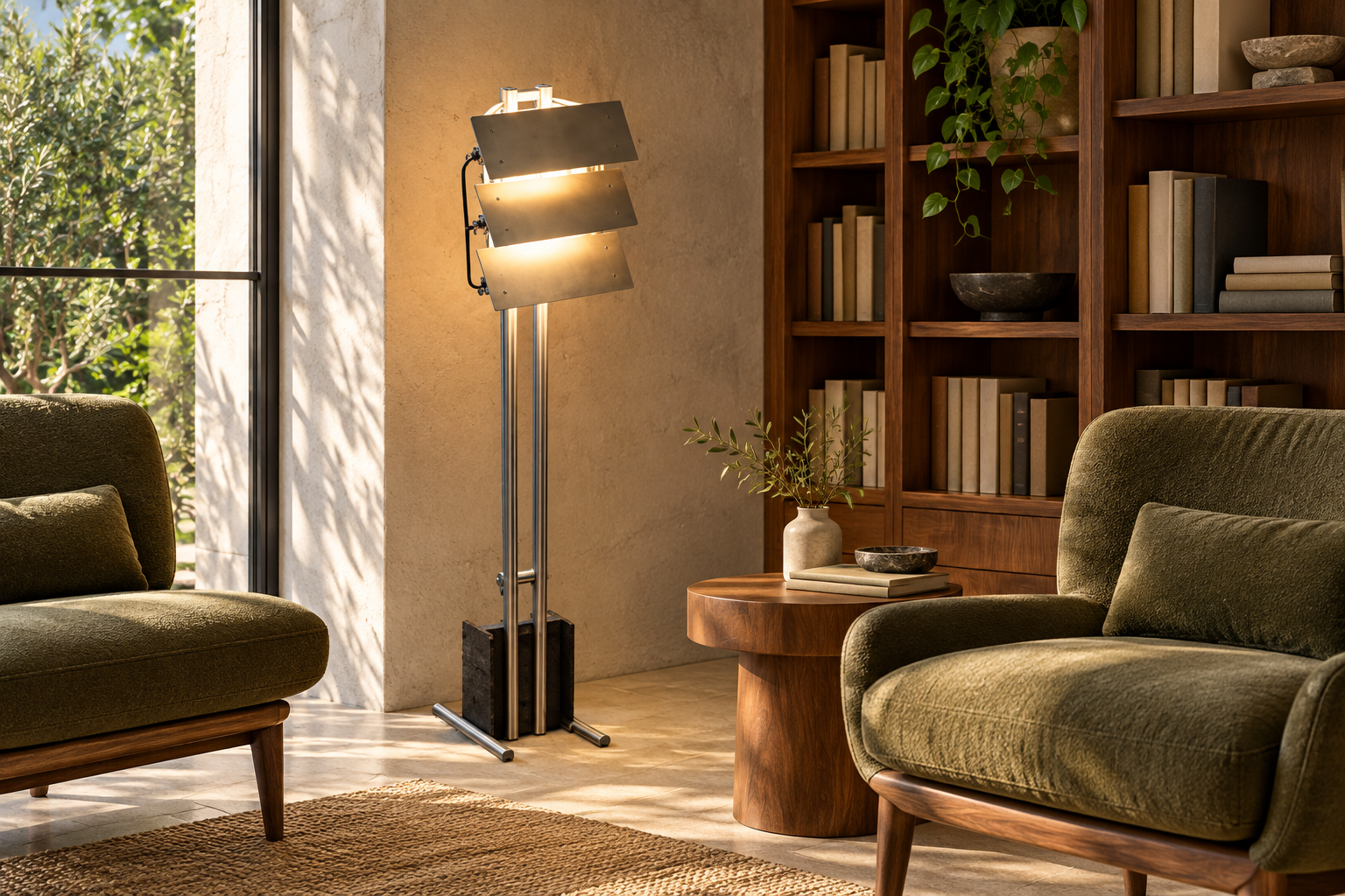 Metal Louver Floor Lamp beside olive lounge chairs and walnut bookshelves in a hotel reading lounge.