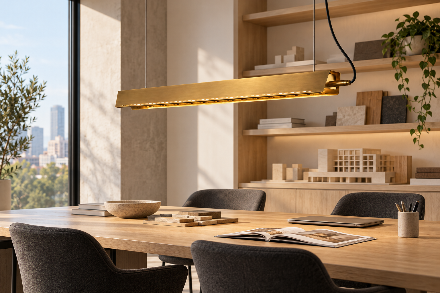 Brass linear pendant above an oak meeting table in a bright design studio with material shelves.