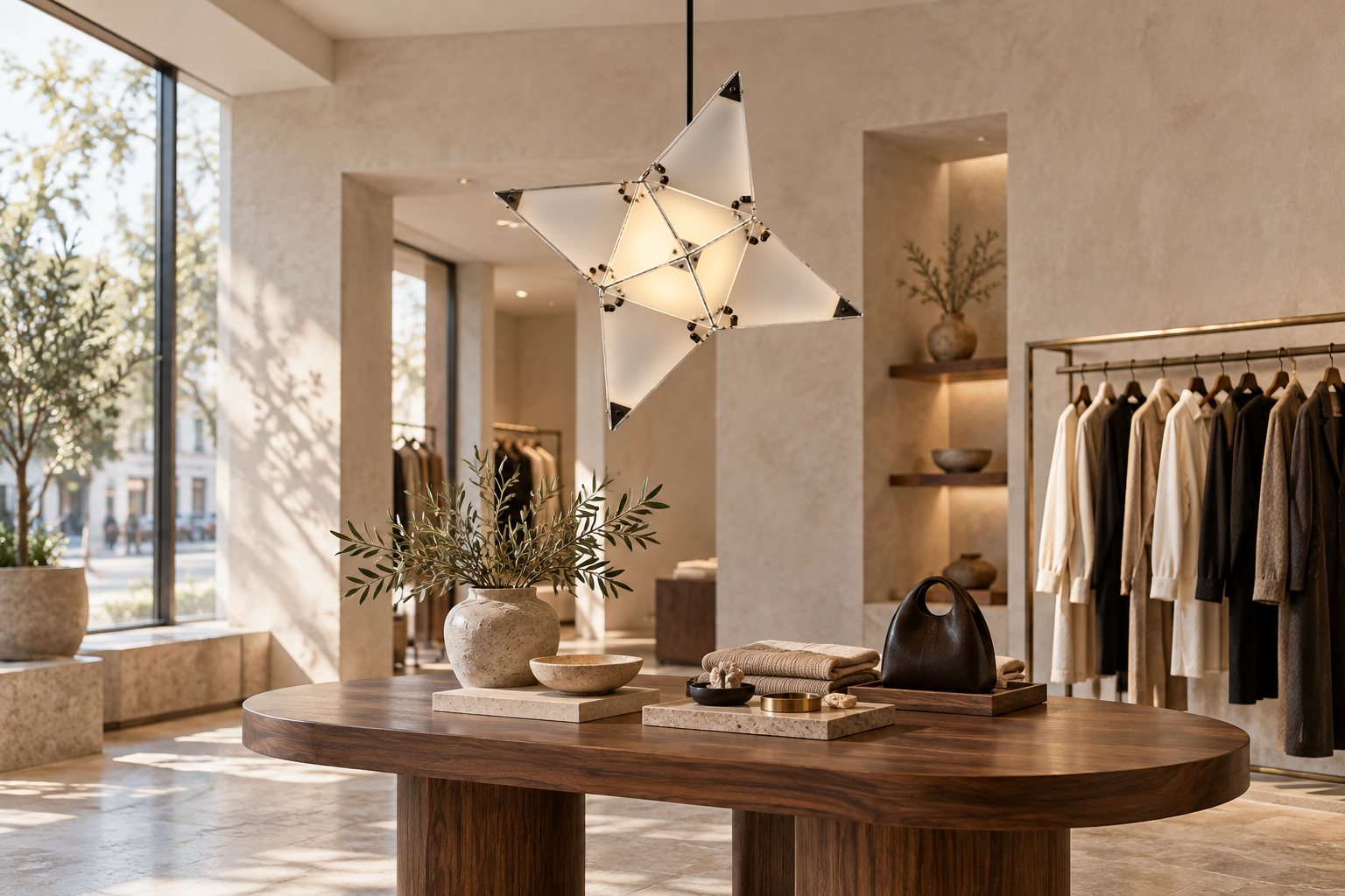 Nyota Star Pendant above a walnut display table in a minimalist boutique with neutral garments.
