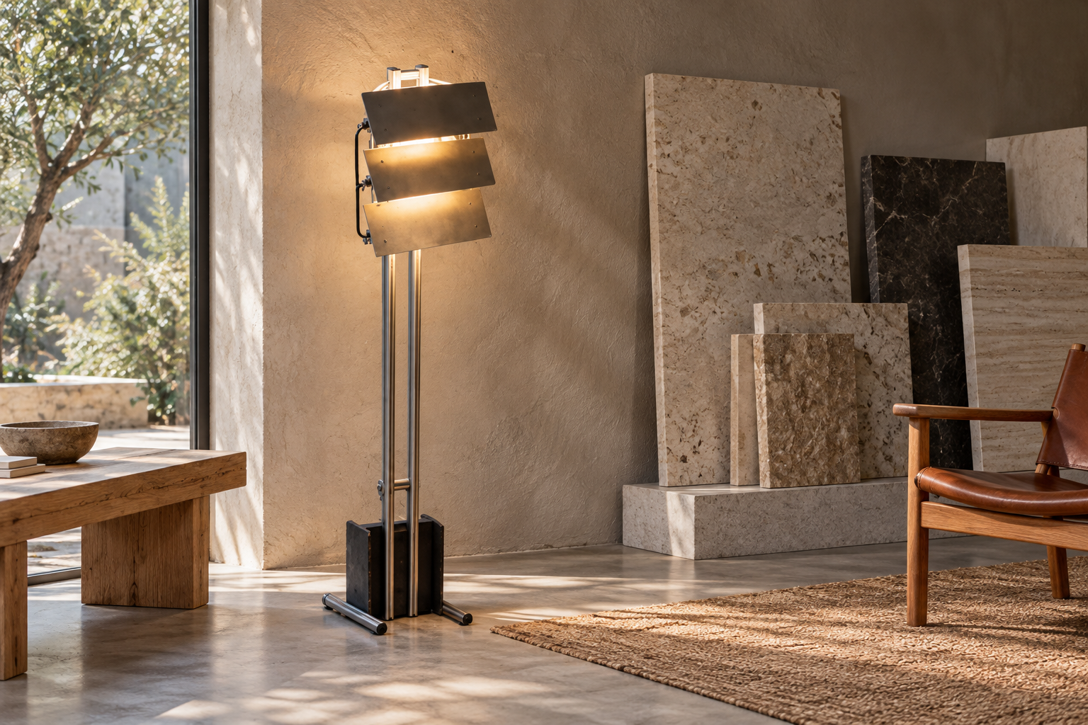 Three-blade Louver Floor Lamp beside an oak bench and stone samples in a sunlit materials gallery.
