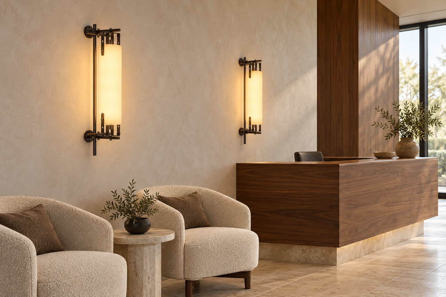 Two vertical Light Tube Wall Lamps above lounge seating beside a walnut office reception desk.