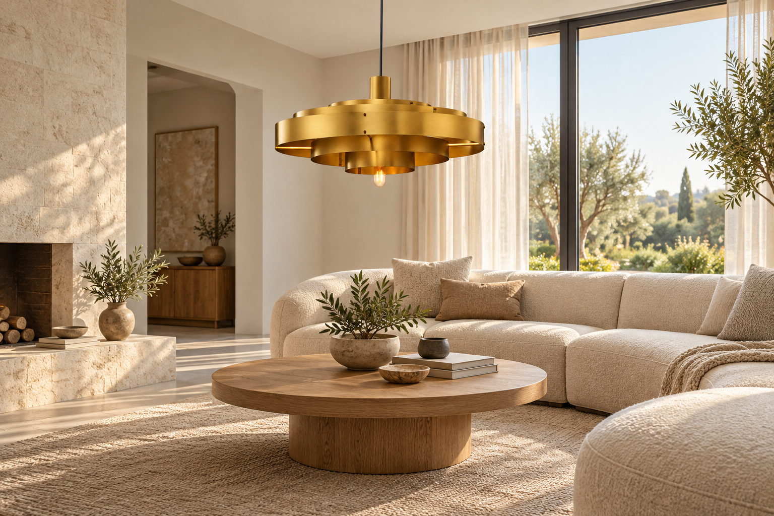 Layered brass ring pendant above an oak coffee table in an ivory contemporary living room.