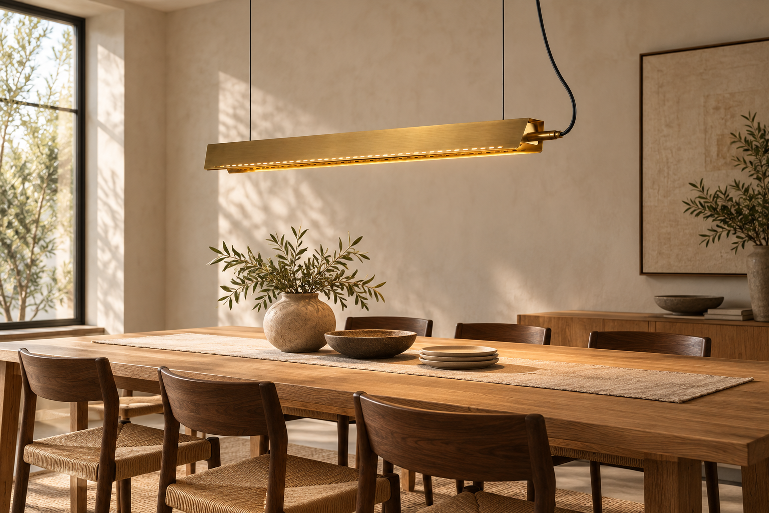 Slim brass linear pendant centered over an oak dining table with woven chairs and sheer curtains.