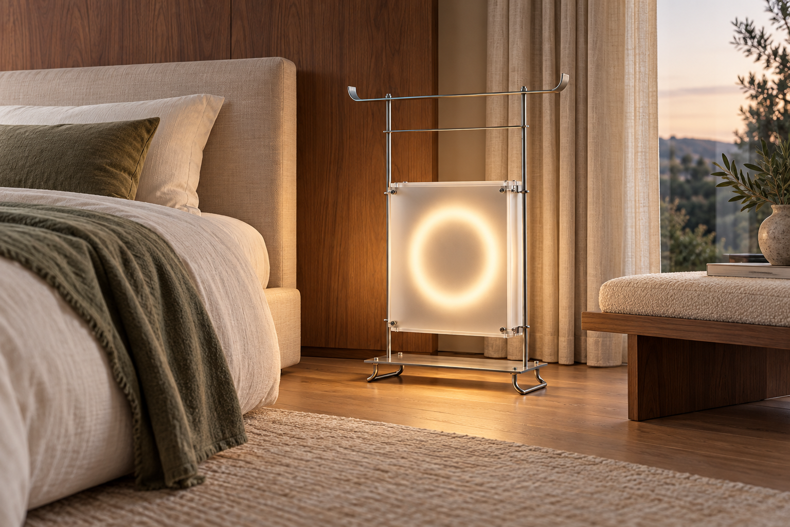 Carry Box Jelly floor lamp with a glowing acrylic circle beside a bench in a warm walnut bedroom.