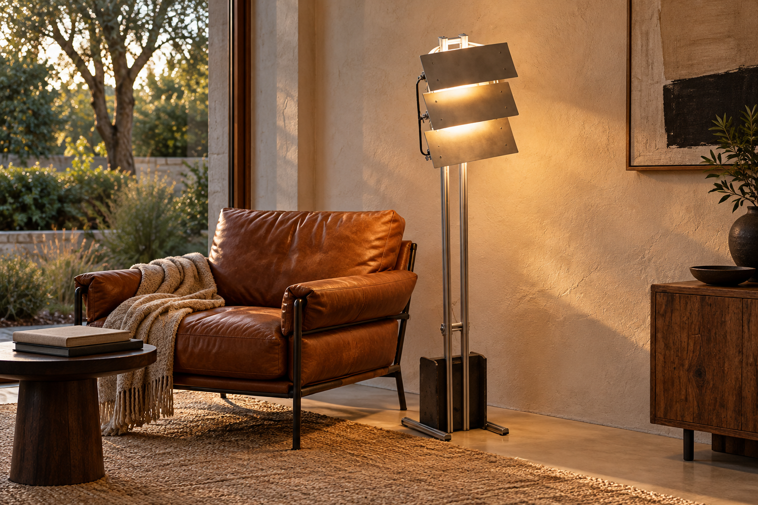 Three-blade metal Louver Floor Lamp beside a cognac leather reading chair near a garden window.